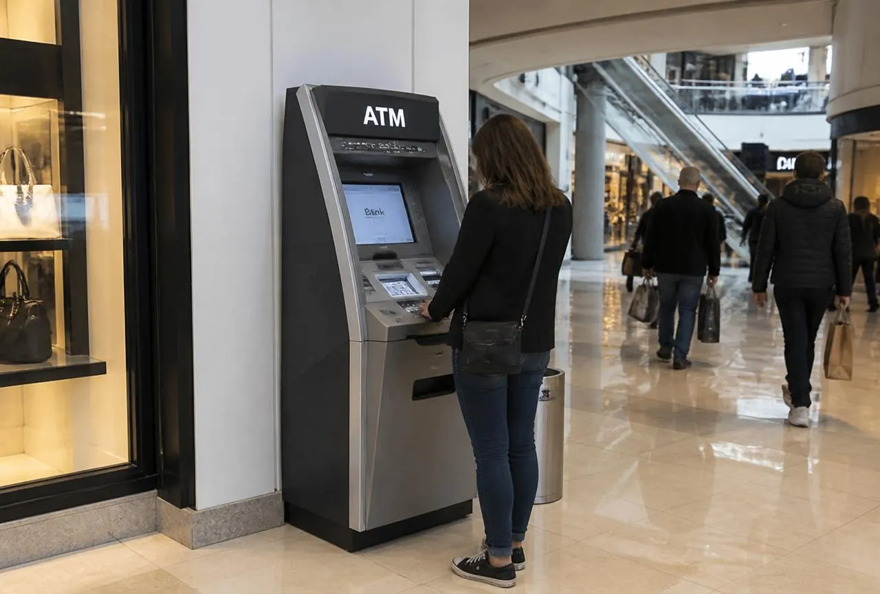 ATM machine in a shopping mall concourse with shoppers walking past retail shopfronts