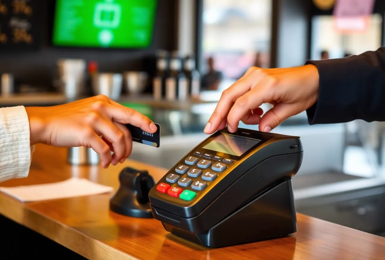 Customer tapping a card on an EFTPOS payment terminal at an Australian cafe counter