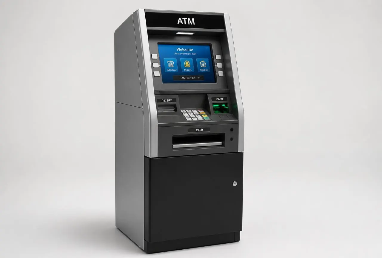 Product photo of a modern free-standing ATM machine with colour touchscreen, card reader and cash dispenser
