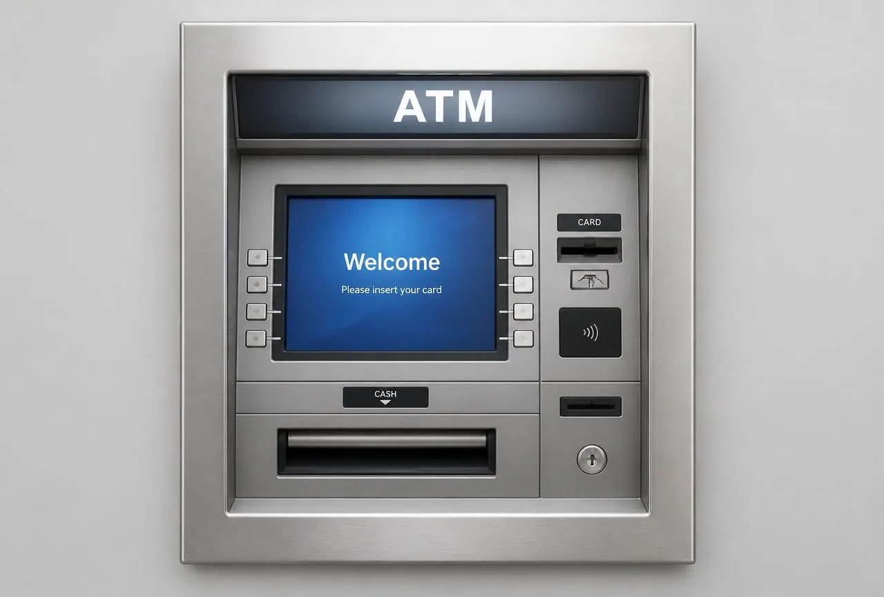 Product photo of a stainless steel wall-mounted through-the-wall ATM unit with screen, card slot and cash dispenser