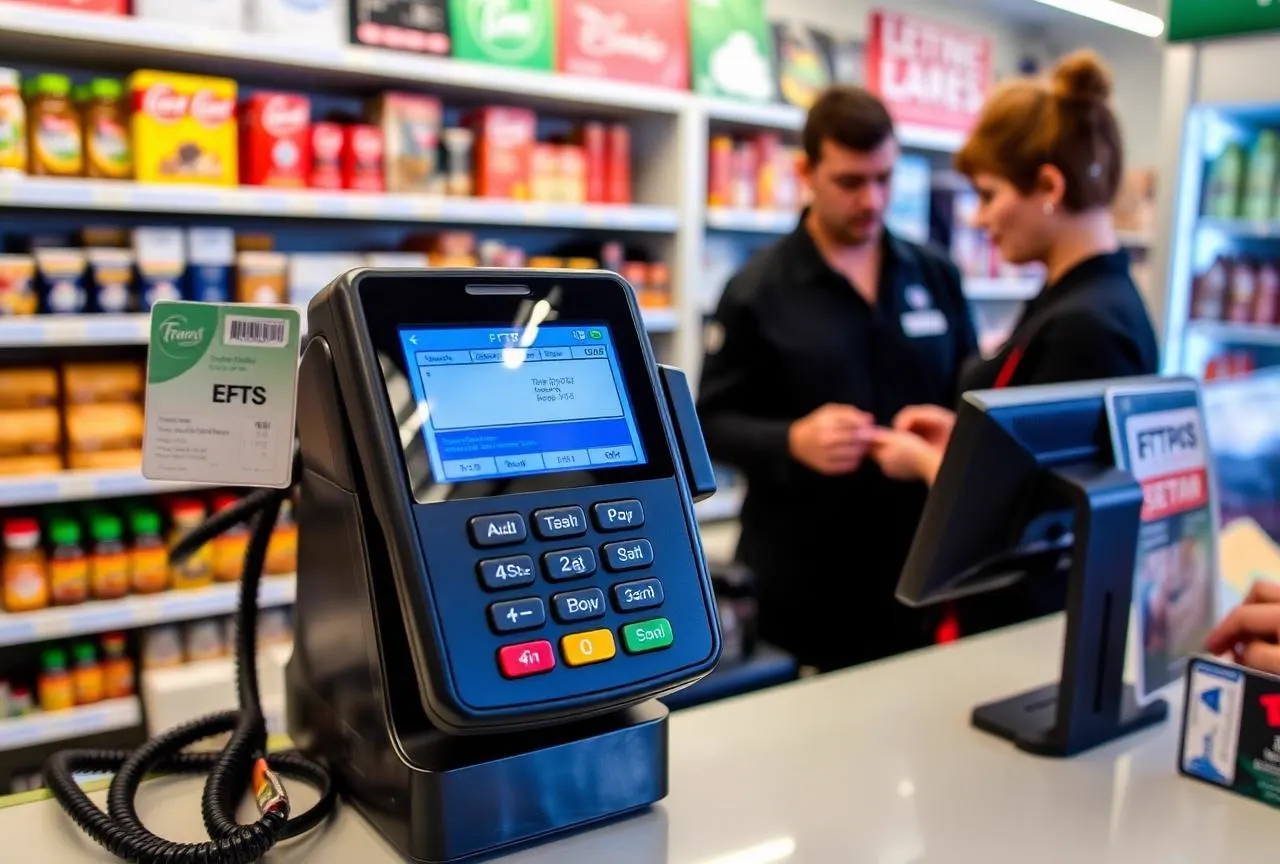 EFTPOS terminal on the checkout counter of an Australian convenience store with staff serving a customer