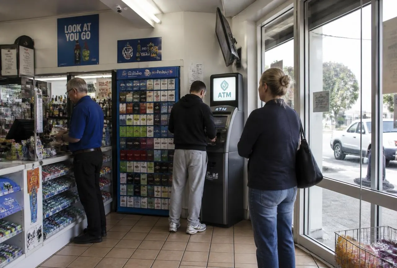 ATM machine inside a small Australian mini-mart convenience store with customers at the counter