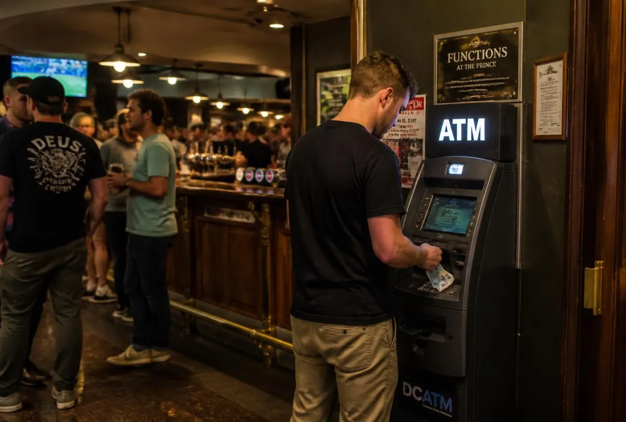 ATM machine inside a busy Australian pub near the bar with patrons withdrawing cash