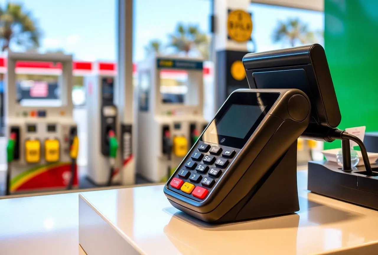 EFTPOS payment terminal on a petrol service station shop counter with fuel pumps visible through the window