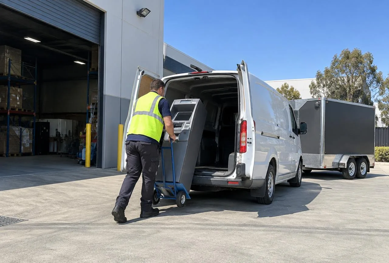 ATM technician in a hi-vis vest wheeling an ATM machine on a trolley into a white service van outside a light-industrial warehouse unit in Western Sydney, with an ATM trailer parked alongside