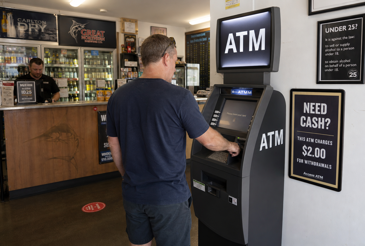 Free-standing ATM installed in line of sight of the counter inside an Australian venue with a customer withdrawing cash