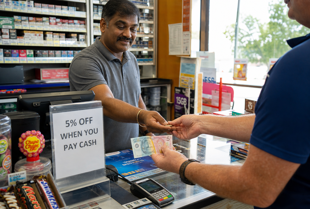 Cash discount sign on an Australian shop counter as a customer pays with banknotes beside an EFTPOS terminal