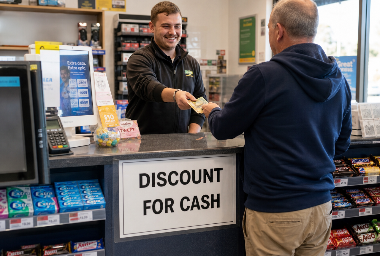 Discount for cash sign displayed on an Australian convenience store counter while a customer pays with banknotes