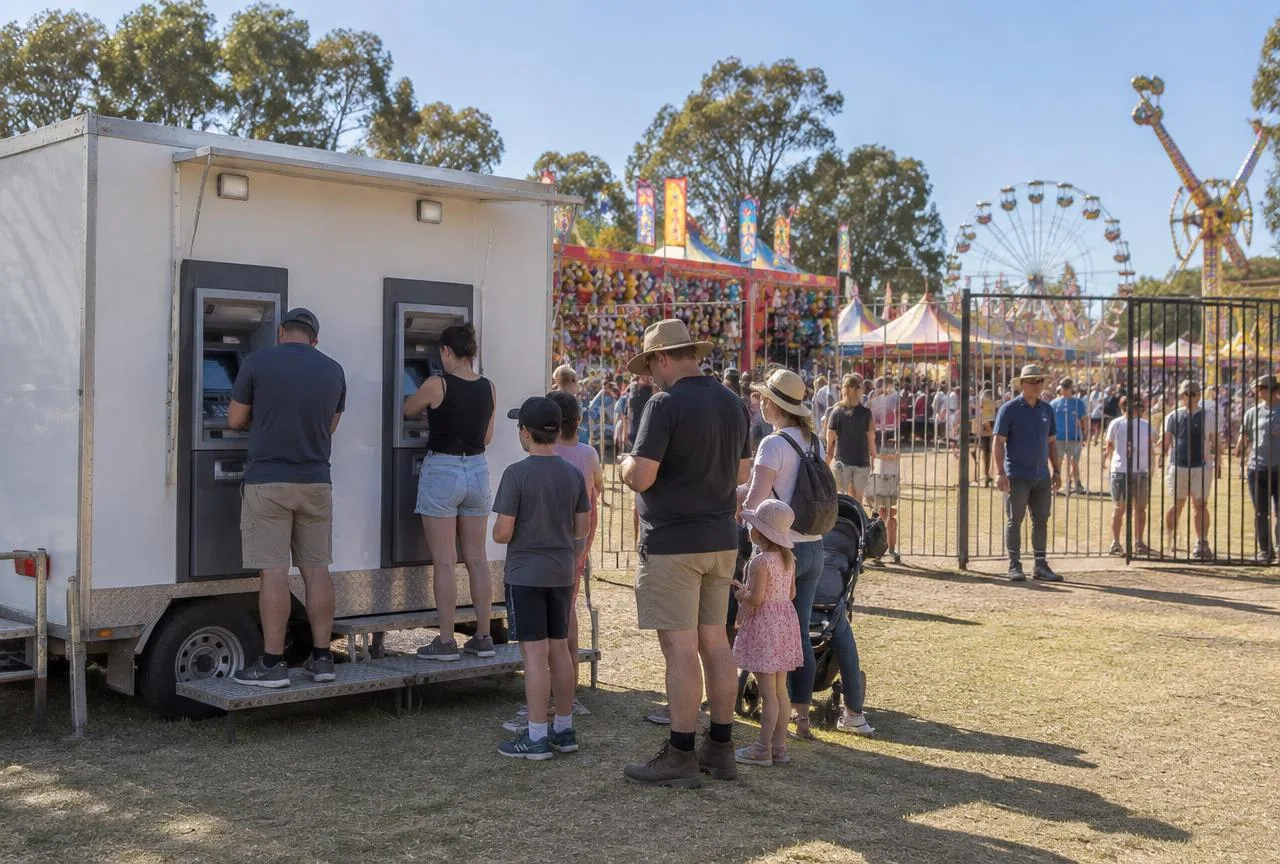 Box trailer fitted with two ATM machines parked beside the main gate of a regional NSW agricultural show, with families queuing to withdraw cash and sideshow rides behind
