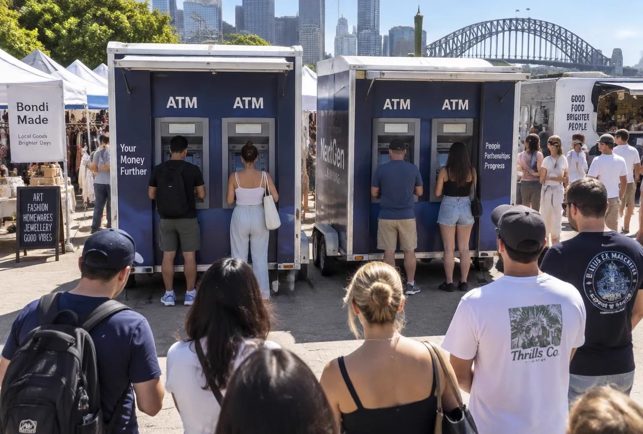 Two box trailers each fitted with two ATM machines parked side by side at a Sydney outdoor weekend market, with patrons withdrawing cash at four machines and market stalls and food trucks behind