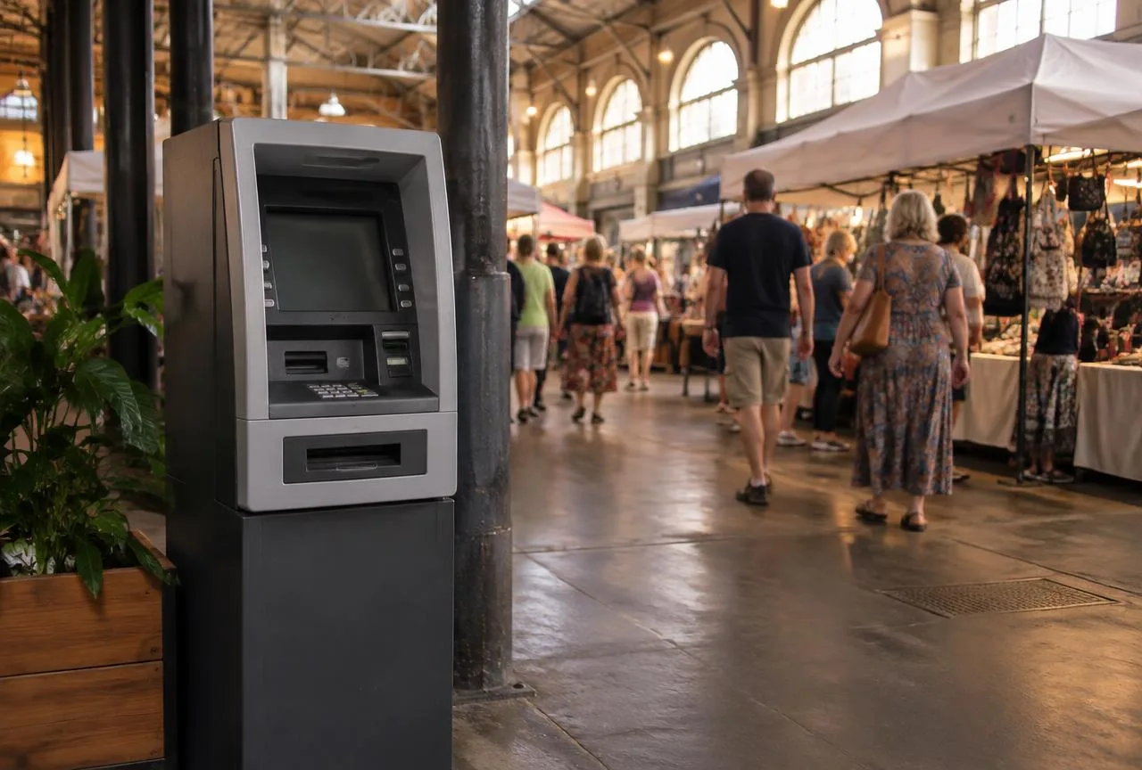 Portable standalone ATM machine on a floor stand inside a busy Australian indoor market hall, with stall gazebos and shoppers behind