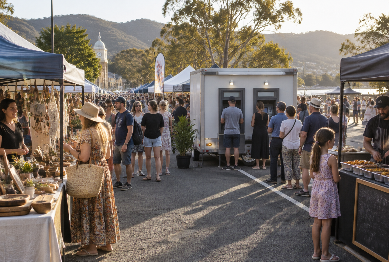Street market and festival with stall gazebos, shoppers browsing stalls and a two-ATM trailer being used in the middle of the event