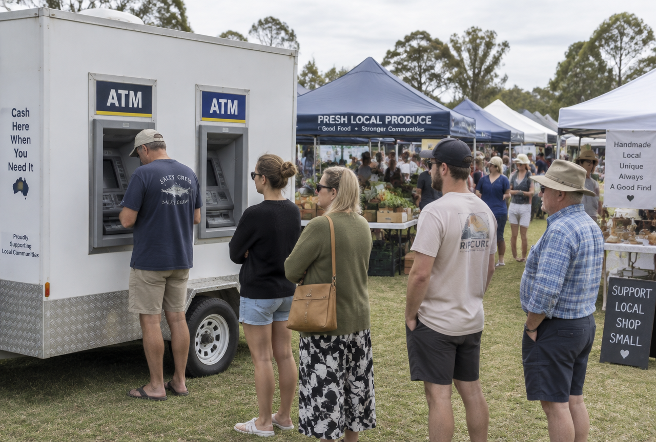 Box trailer fitted with two ATM machines at an Australian weekend market, with people queuing to withdraw cash and market stalls behind