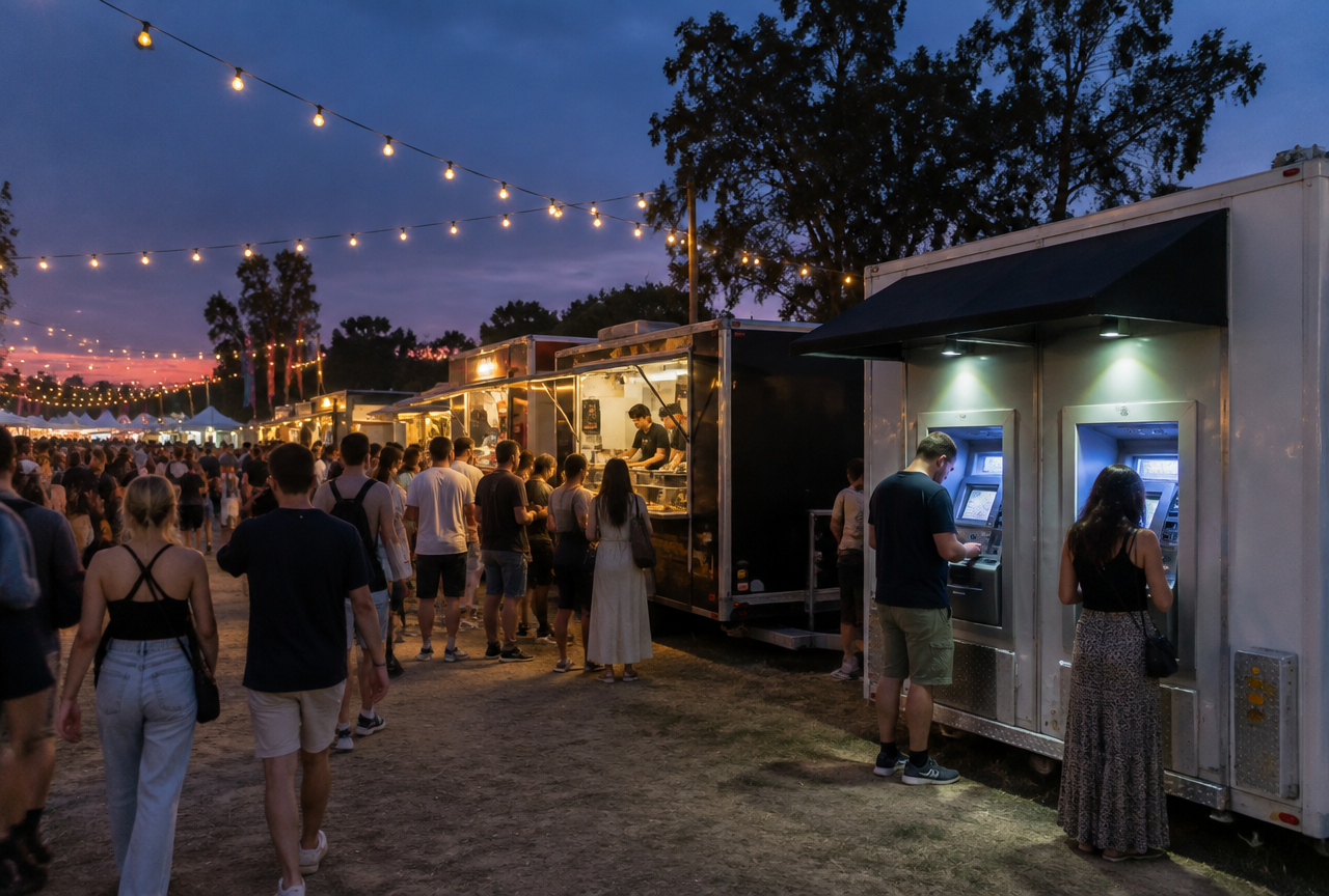 Trailer-mounted ATMs lit up beside food truck queues at an Australian twilight night market under festoon lights