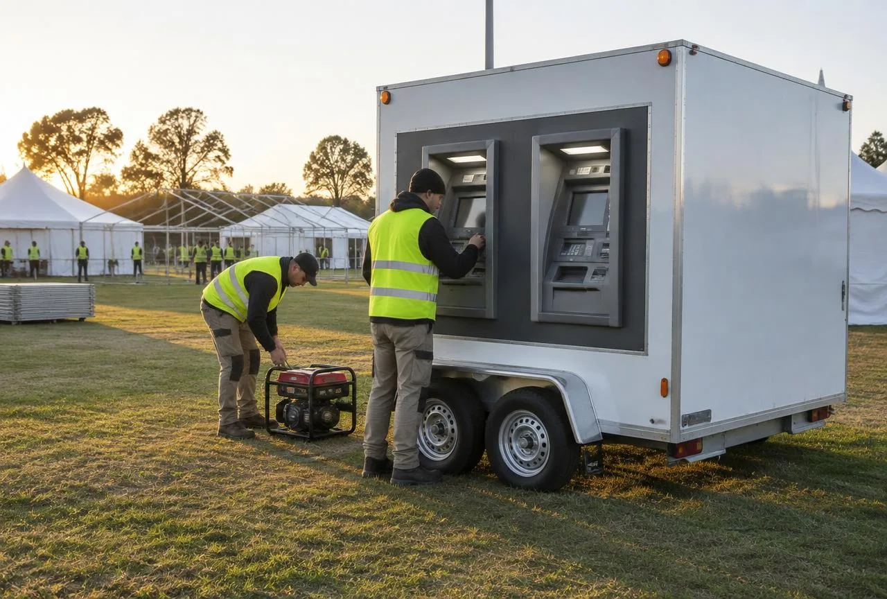 Two workers in hi-vis setting up a box trailer fitted with two ATM machines on flat level grass at an Australian event site, with a generator beside the trailer and marquees being erected behind