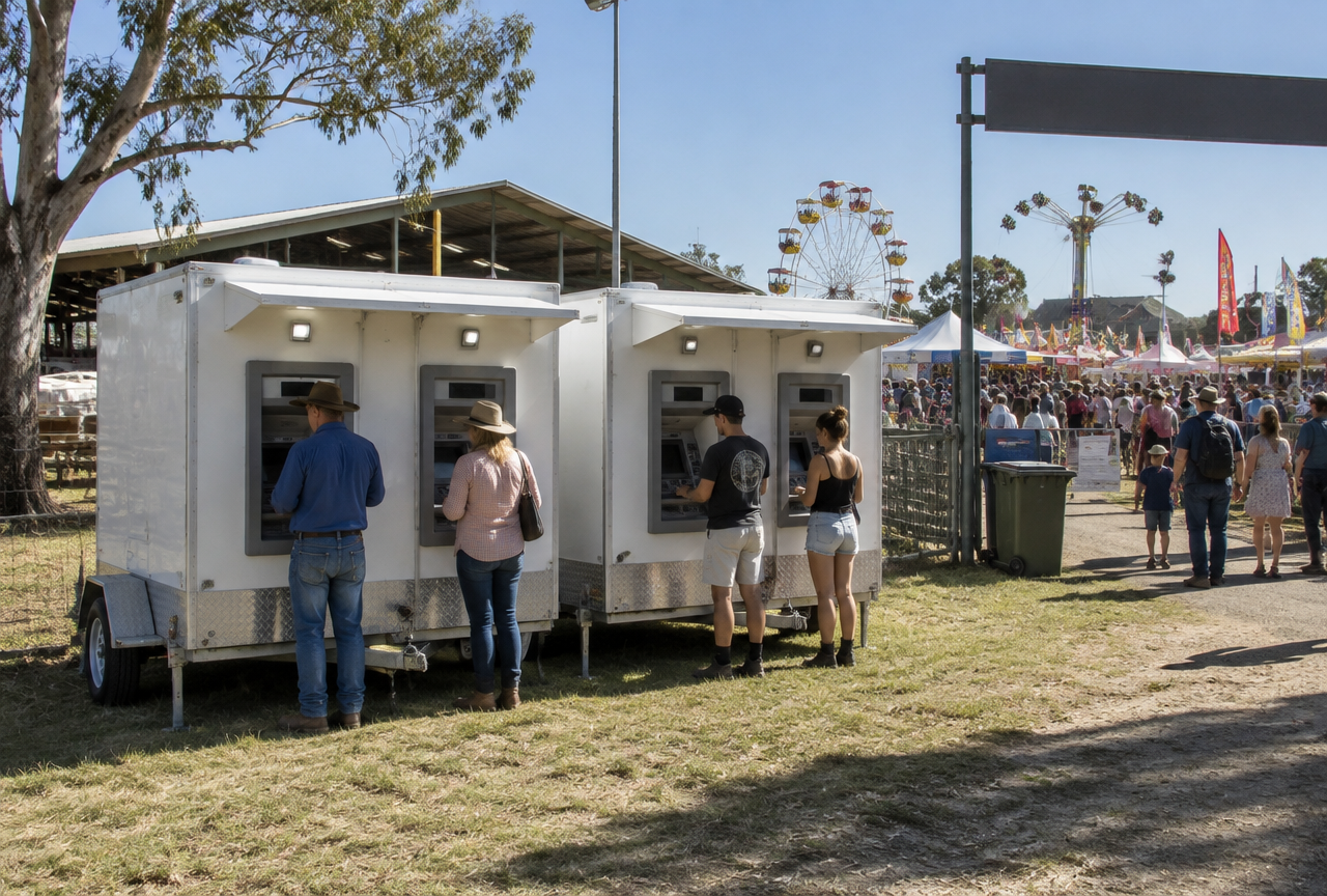 Two box trailers each fitted with two ATM machines parked near the main gate of a regional NSW agricultural showground, with four people withdrawing cash and showground crowds behind