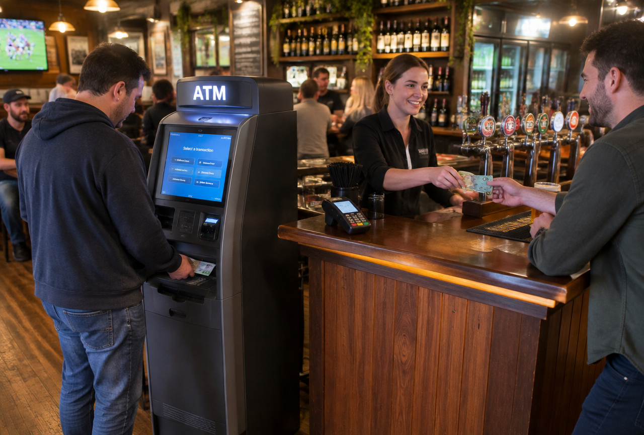 Free-standing ATM machine dispensing cash beside the bar of a busy Australian pub while a bartender hands banknotes to a customer and an EFTPOS terminal sits on the counter