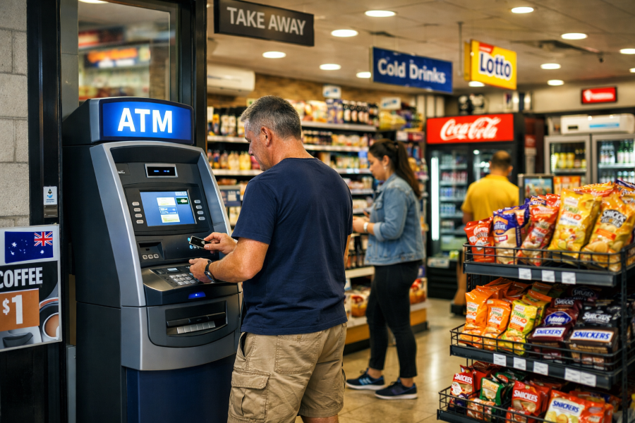 Customer using a convenience ATM inside a retail store in Australia